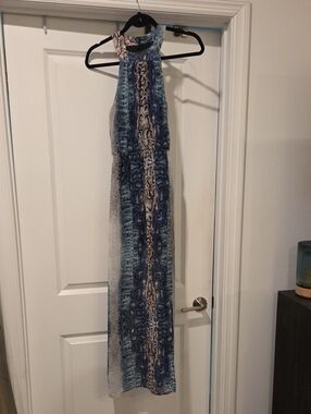 Bar III Blue Python Snakeskin Halter Maxi Dress XS MDW636